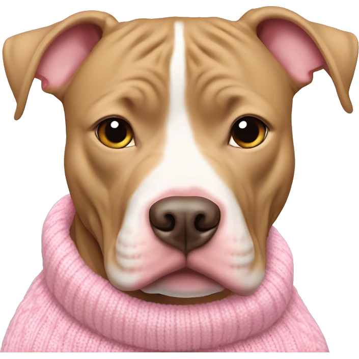 Tan pitbull wearing pink sweater with white hearts emoji