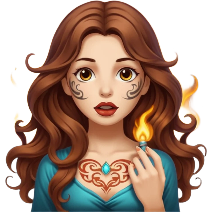 mystic woman long wavy brown hair tattoos warm breath glow from mouth emoji