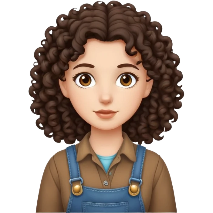 white girl with very curly dark brown hair, brown eyes, wearing farm clothes emoji