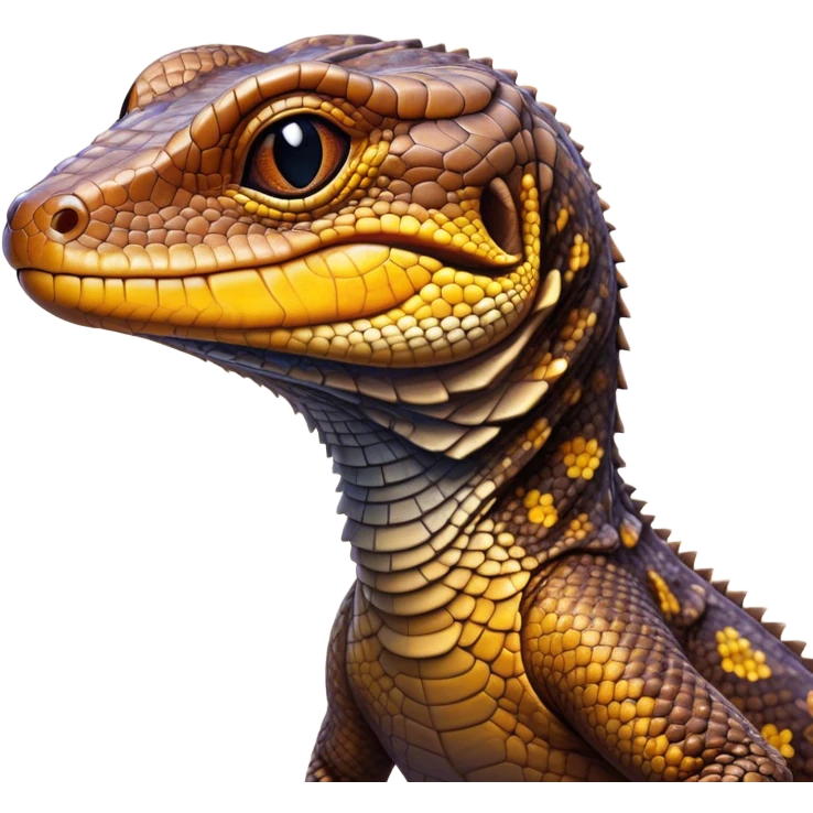 Cinematic Cute brown camo spotted monitor Lizard Portrait Emoji, Head tilted playfully and inquisitively, with a sleek, patterned body accented by vibrant hues and round, sparkling eyes full of wonder, Simplified yet irresistibly adorable features, highly detailed, glowing with a warm, friendly glow, high shine, affectionate and lively, stylized with a touch of exotic charm, bright and endearing, soft glowing outline, capturing the essence of a mischievous yet captivating lizard that seems as if it could scuttle out of the screen into your arms! emoji