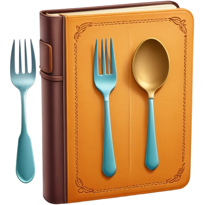 Colorful closed recipe book with a fork and spoon symbol on the cover, cookbook icon emoji
