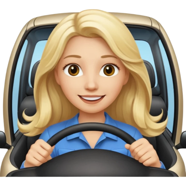 blonde long hair woman driving car. Happy face confidence emoji