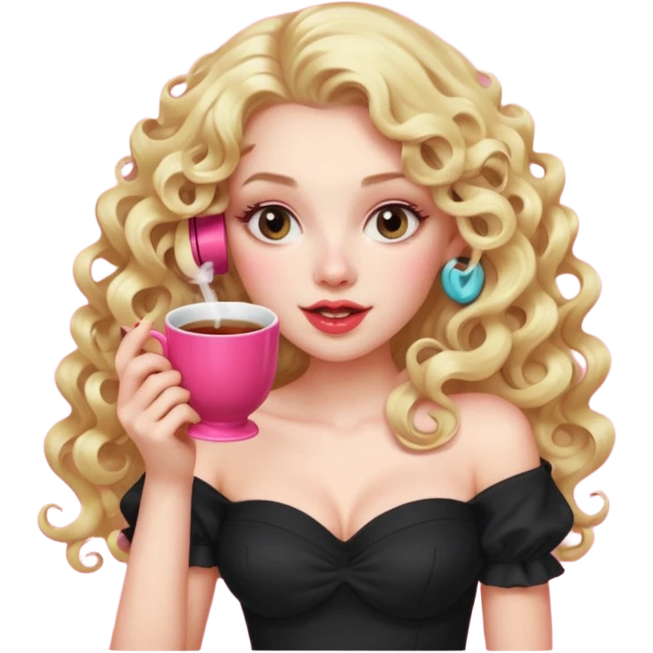 exaggerated features of woman with curly long blond hair, gossiping on a pink analogue phone, holding a tea cup, wearing an off-shoulder black top, red face emoji