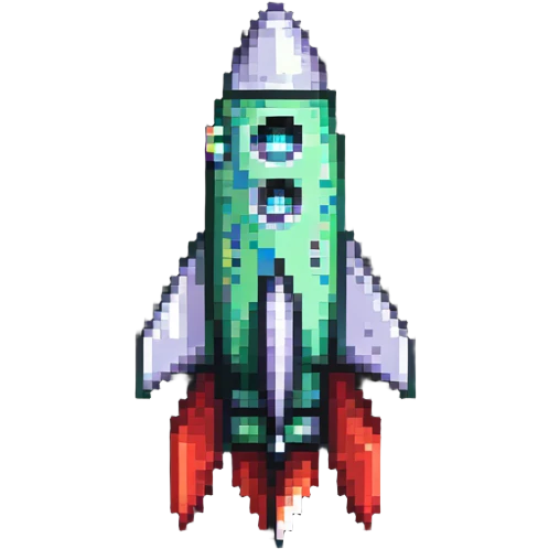 diagonal rocket flying to upper right, green body transitioning to red at the fins, pixel art style emoji