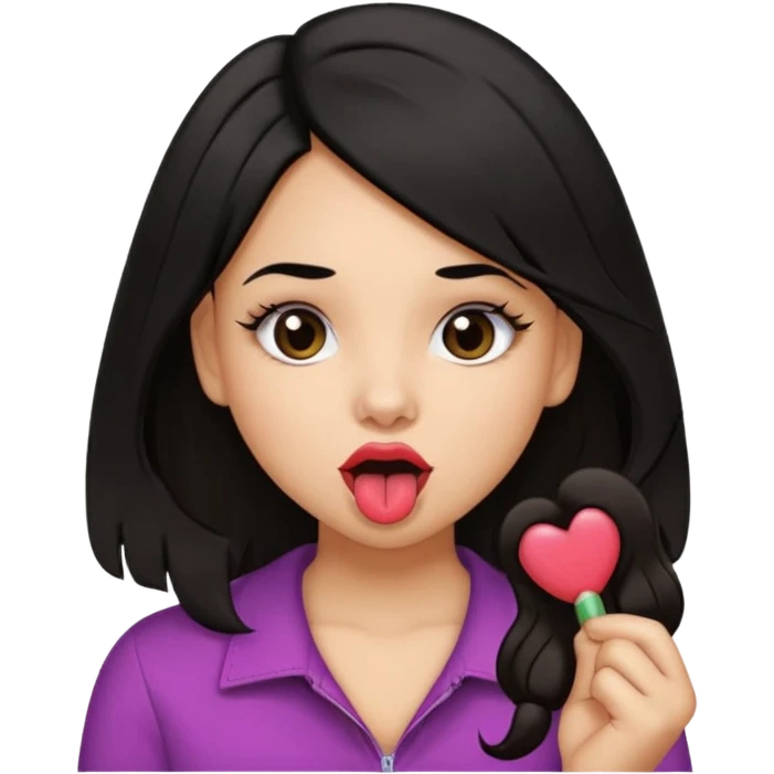 I want a girl light tan skin with black hair holding a hair strand and sticking a tongue out with thick lifted lips small nose and lifted eyes dark brown eye color emoji