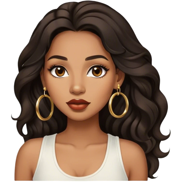 light brown skin tone, very beautiful woman, with big plump lips, long long lashes, black wavy long hair, brown eyes, white tank top, gold hoop earrings emoji