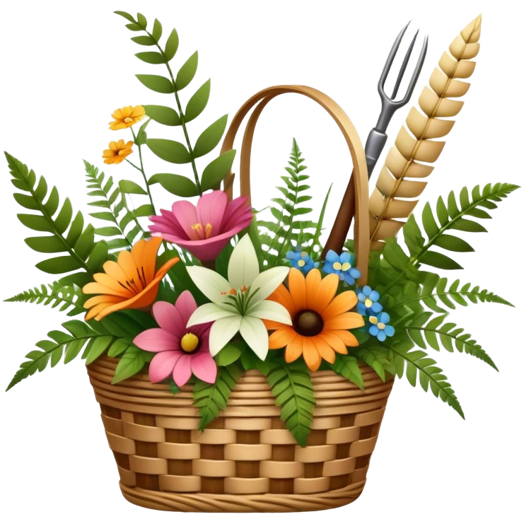 Emoji for Floristry: a bouquet of flowers in a woven basket, with reeds, ferns and floral arranging tools nearby, like scissors and a flower stem. The icon should represent creativity in flower design and arranging. Transparent background. emoji