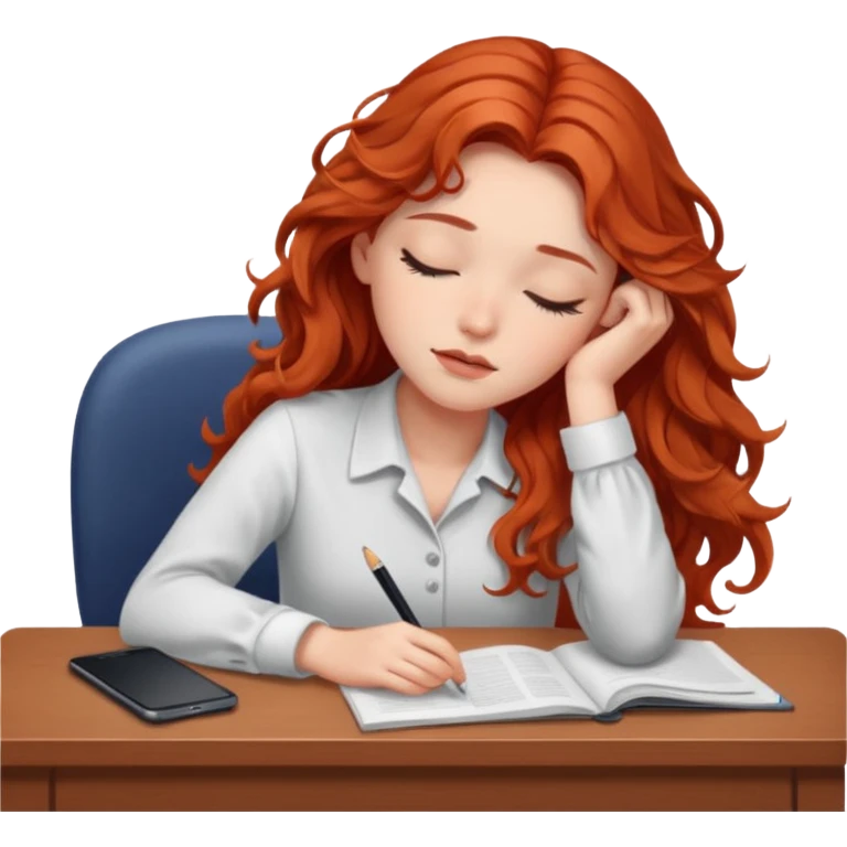 Pretty white model, brown eyes, soft long red wavy hair, falling asleep at desk emoji