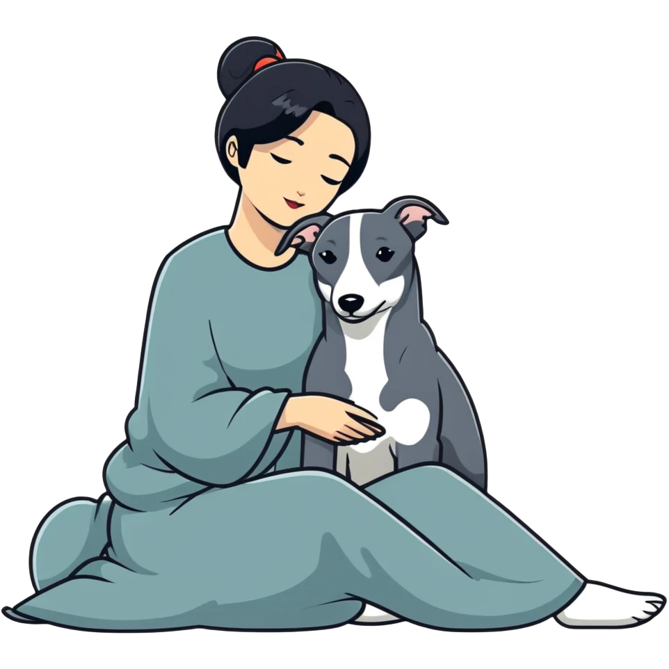 Very thin Chinese woman with long black hair relaxing in a luxurious hotel suite with exactly ONE whippet dog. EXTREME IMPORTANCE: the whippet must be ONE SOLID VERY DARK CHARCOAL GREY COLOR from nose to tail with ABSOLUTELY NO WHITE MARKINGS anywhere - NO white on face, NO white on muzzle, NO white on chest, NO white on paws, NO white on tail - NOTHING BUT A SINGLE SHADE OF VERY DARK GREY throughout the entire animal emoji