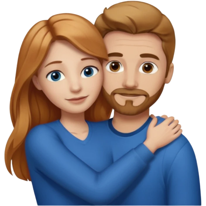 girlfriend with long dark strawberry blonde hair middle part with brown eyes giving hug to man with blue eyes, dark blonde hair and facial hair emoji