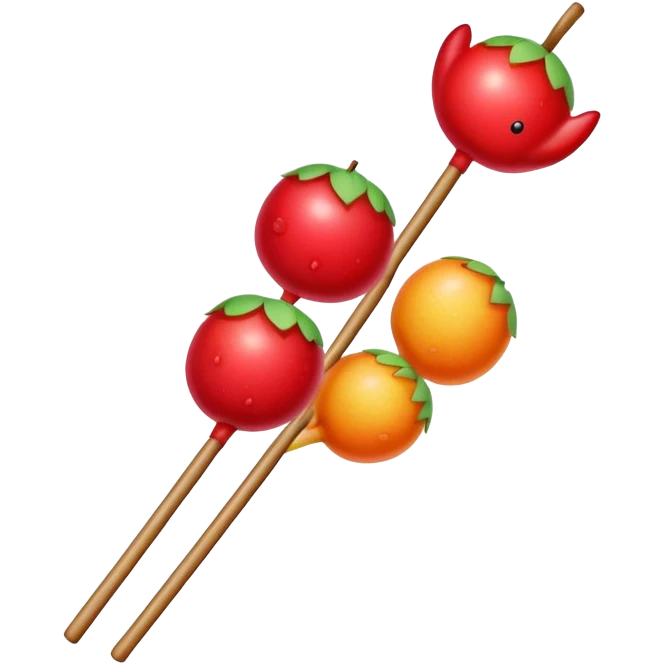 Sugar coated Chinese haws fruits crispy red snack, simplified emoji style with bold outlines and bright colors, cartoon style bingtang hulu on stick emoji