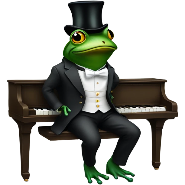 Frog sitting on a bench playing piano in a tux with a top hat. emoji