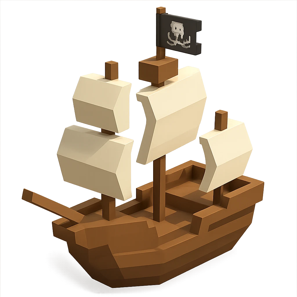 A pirate ship with sails and a jolly roger flag, geometric minimalist 3D design emoji