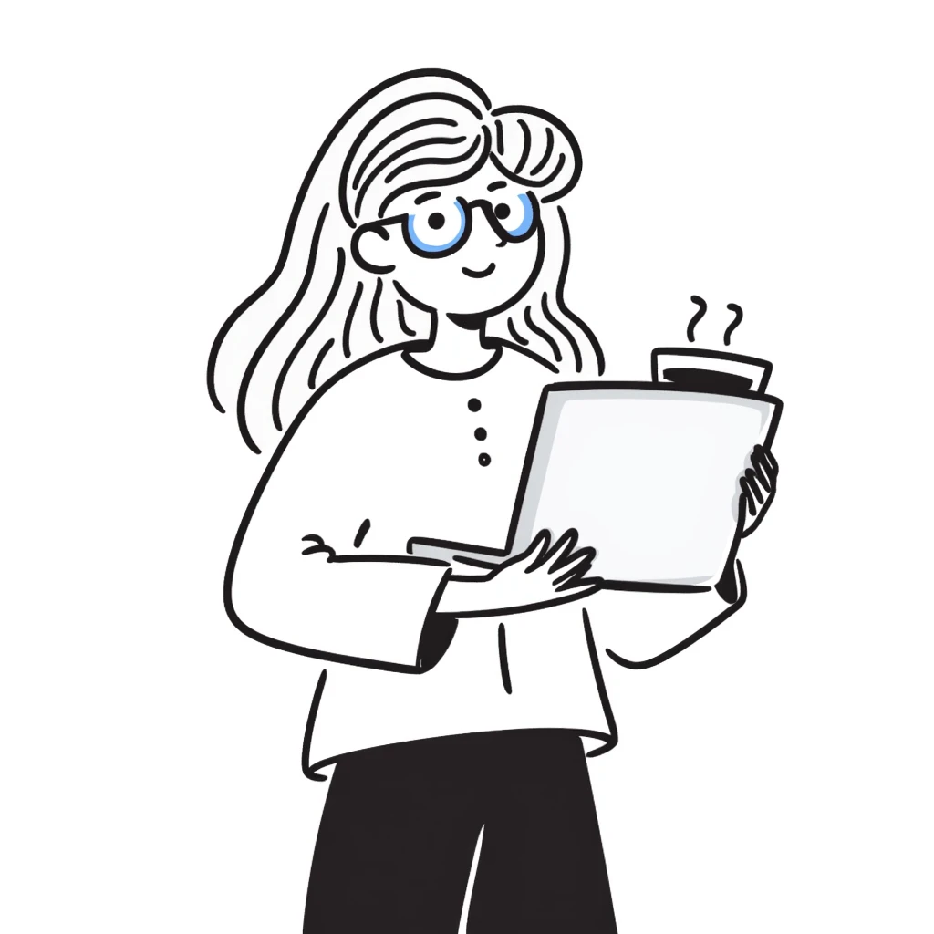 A girl with blonde hair and blue hair wearing glasses holds a laptop and a glass of coffee emoji