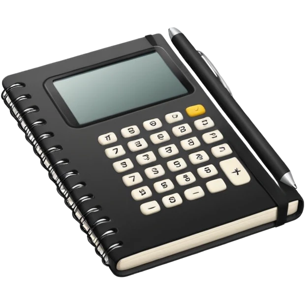 Minimalistic flat vector icon, iOS style, thin black contour on white background. Small black notebook with visible binding, placed next to a calculator. Clean, modern, no text, no shadows. emoji