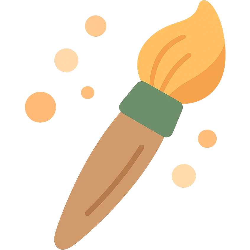 A cute and whimsical artist's paintbrush with a soft and cozy design, featuring a warm color palette: golden orange (FA9B41), deep forest green (4A7C5C), muted taupe brown (96775A), and pastel peach (FFCC9A). The brush has a delicate wooden handle in muted brown, with the bristles slightly fanned out, holding a touch of paint in shades of peach and orange. The tip of the brush is dipped in a soft golden hue, and tiny splashes of paint in the palette’s colors are gently scattered around. The overall mood is playful, artistic, and charming, evoking a sense of creativity and warmth. emoji