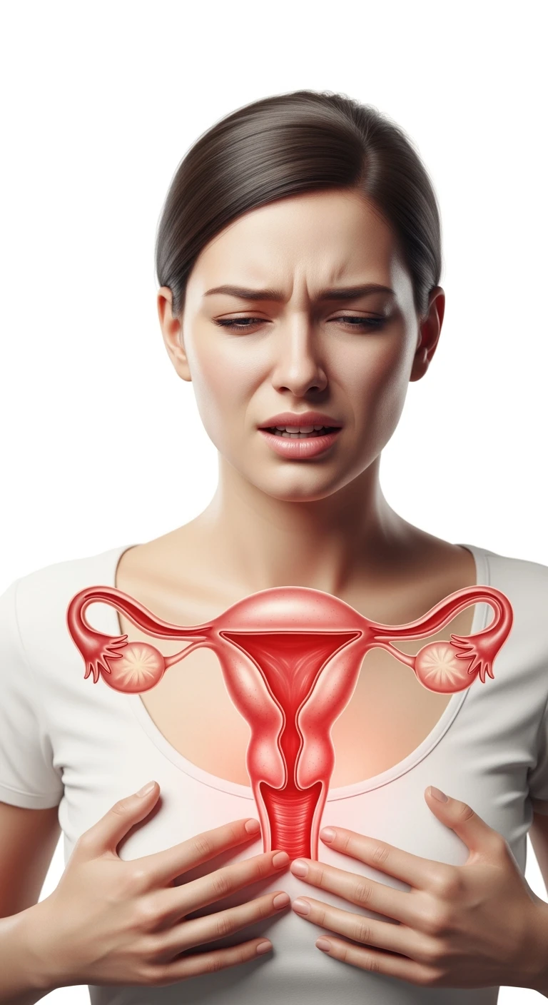donna con utero umano realistico in evidenza dolorante, espressione di dolore in volto, sfondo bianco, non farla computerizzata, ma iperrealistica 4k emoji