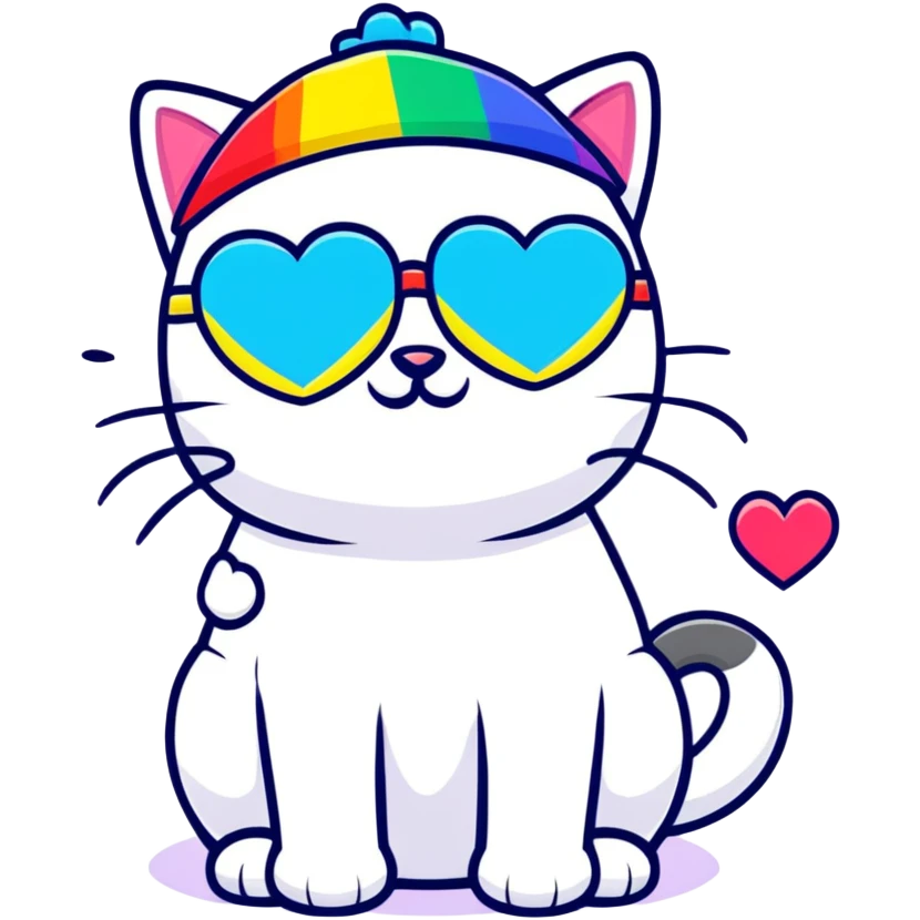 cat wearing a rainbow beanie and heart-shaped sunglasses emoji