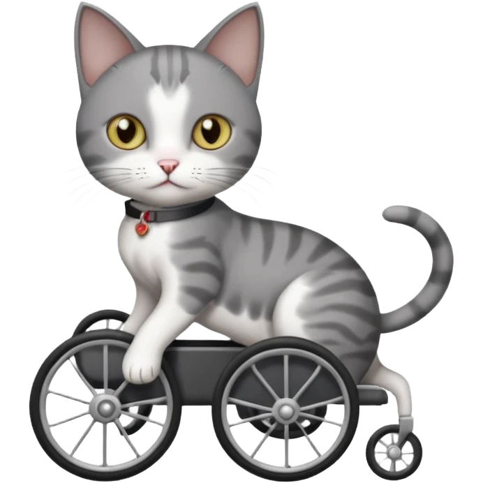 full body small short hair dark grey and white cat with hazel eyes walking in a wheelchair for cats emoji