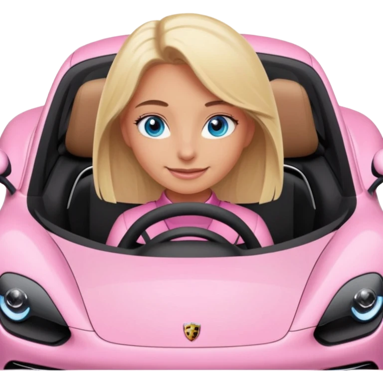 pink Porsche taycan with blonde girl, blue eyes, sitting in the car, front view point of view emoji