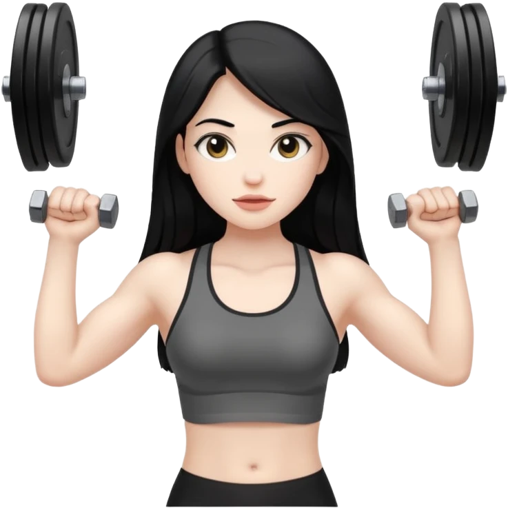 Pale girl with long black hair lifting weights emoji