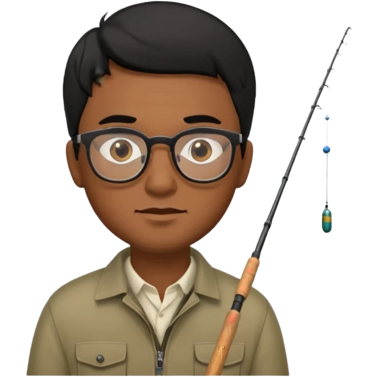 man with brown skin, glasses, straight black hair, brown eyes, and a fishing pole emoji