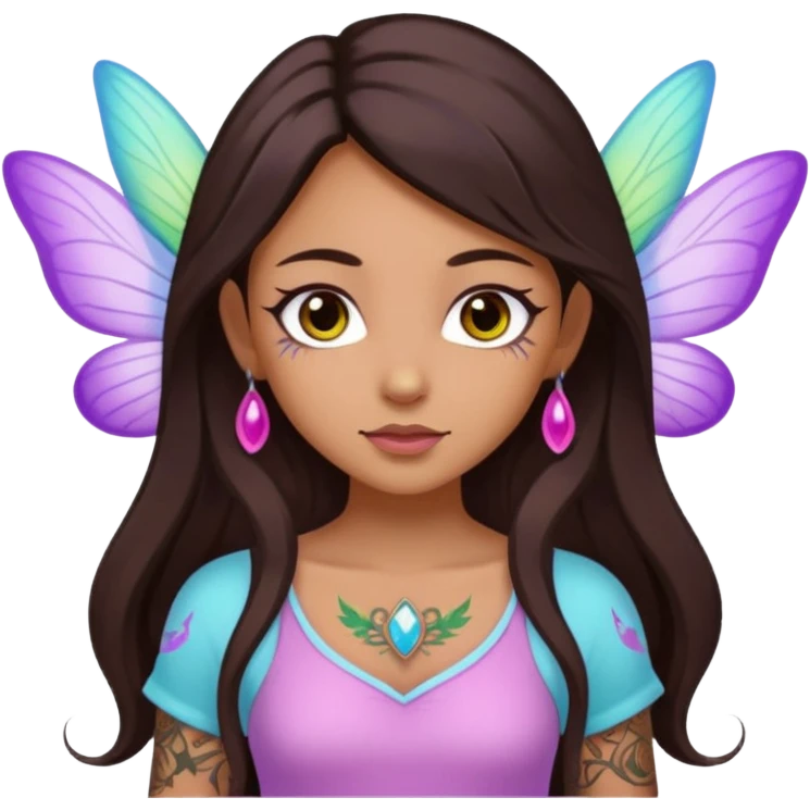 Earthreal sparkly angelic mystical magical shiny pretty Fairy. Dark Brown eyes, Caramel skin, Long dark brown hair. White, hot pink and light blue and lavender, light green, light yellow . Tattoos emoji