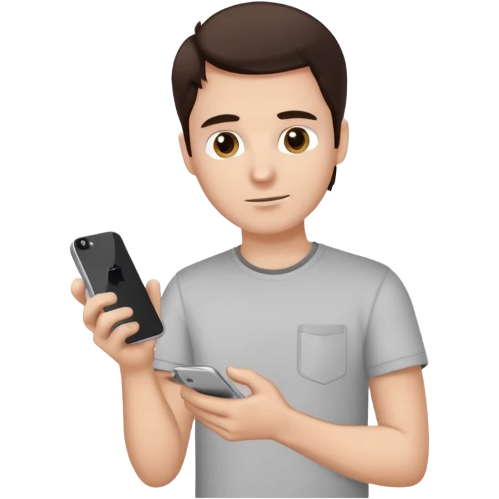 make a white guy with dark brown hair, with a simple white o grey shirt, repairing an iphone, un tecnico emoji