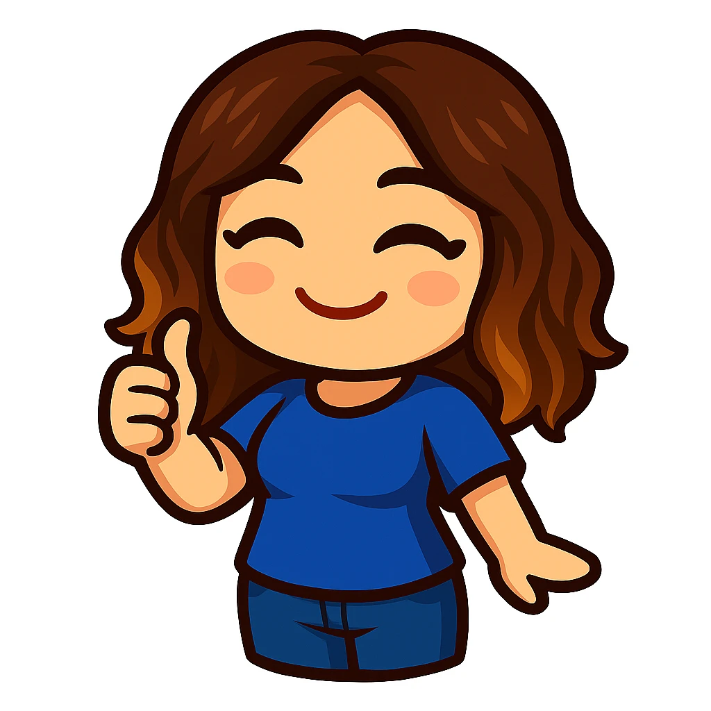 Create a chibi emote of a woman from the reference wearing a blue t-shirt and jeans, giving thumbs up, no headband, no wand, matching the attached green heart emote as a base, transparent background emoji