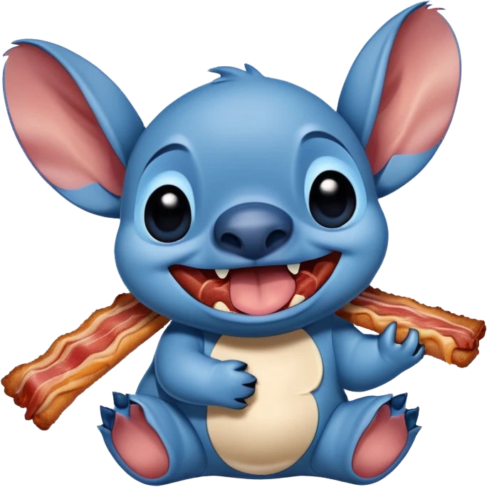 happy Stitch holding a bacon strip emoji