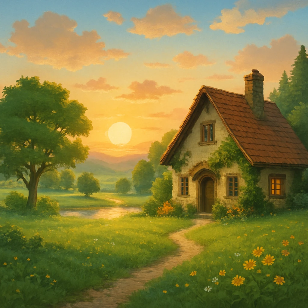 dream life as a peaceful landscape with a cozy house, sunrise, and nature, in ghibli style emoji