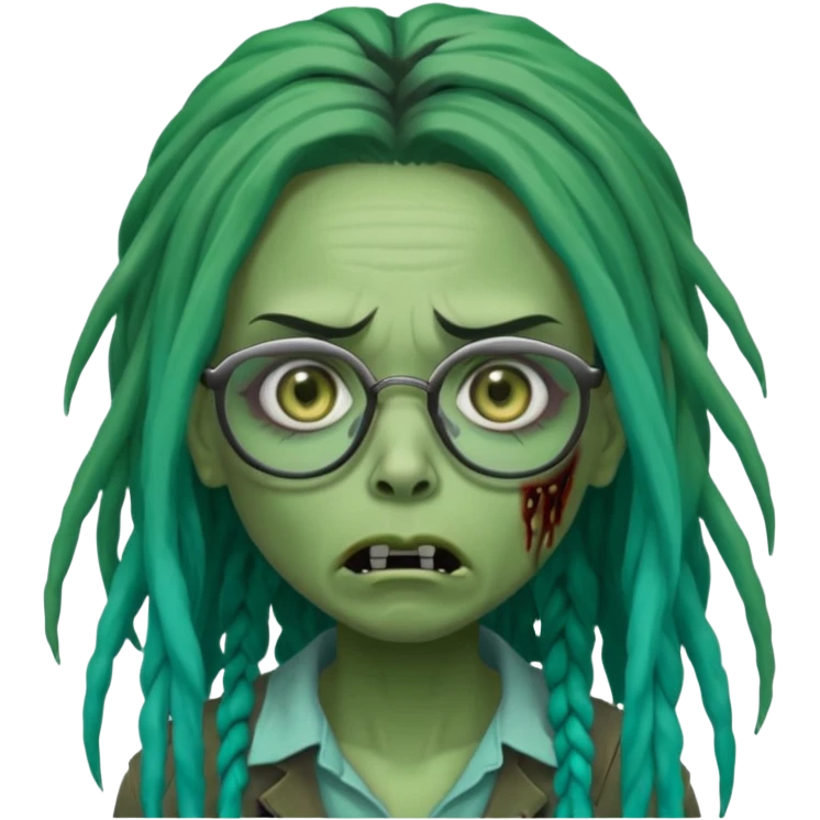 One female green-skinned, zombie with glasses, with ombre black & teal long dreadlocks and a worried expression with a small wound near its mouth. emoji