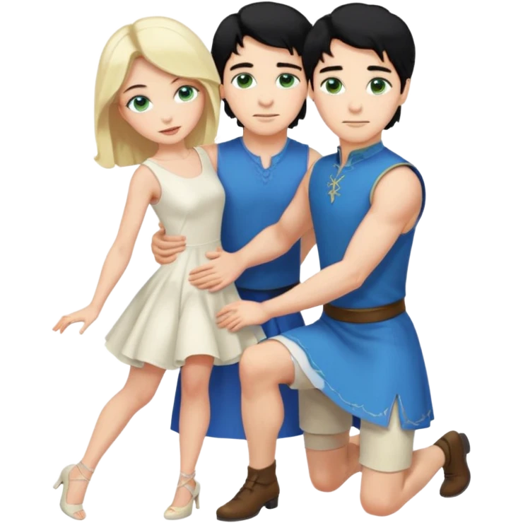 prince, upright, black Hair, blue eyes, Woman, blonde Hair, Green eyes, bending knee, sleveless White Dress, emoji