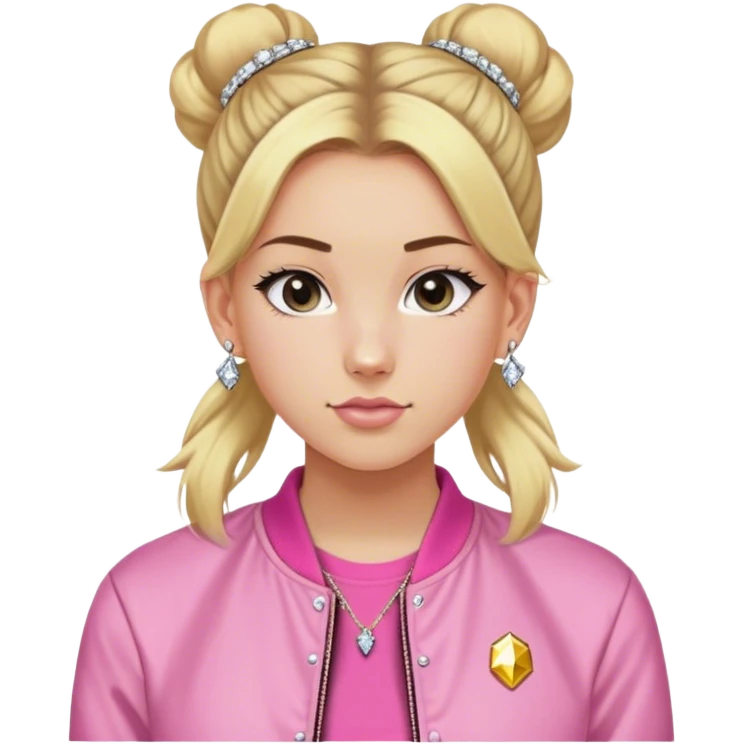 High school white girl with long blonde hair hair tied into a bun. Wearing a pink tee shirt with a bomber jacket and diamond stud earrings. She’s also wearing a short, dainty and girly (maybe 16”) gold chain emoji