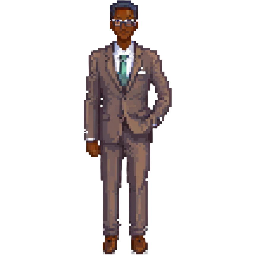 A dark-skinned man in a suit with glasses, full-length emoji