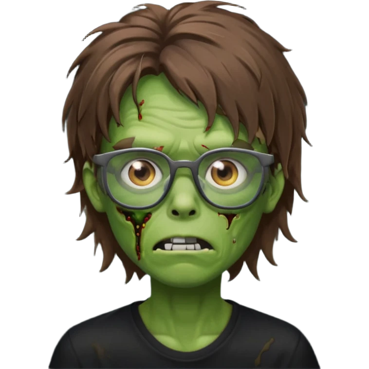 Green zombie, brown messy hair covering the forehead, black glasses, black shirt. iOS style. emoji