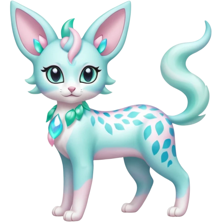 Pastel Mint-Aqua Soft-Iridescent Gentle Floral-Patterned Feline Sylveon-Liepard-hybrid-creature (full body) emoji