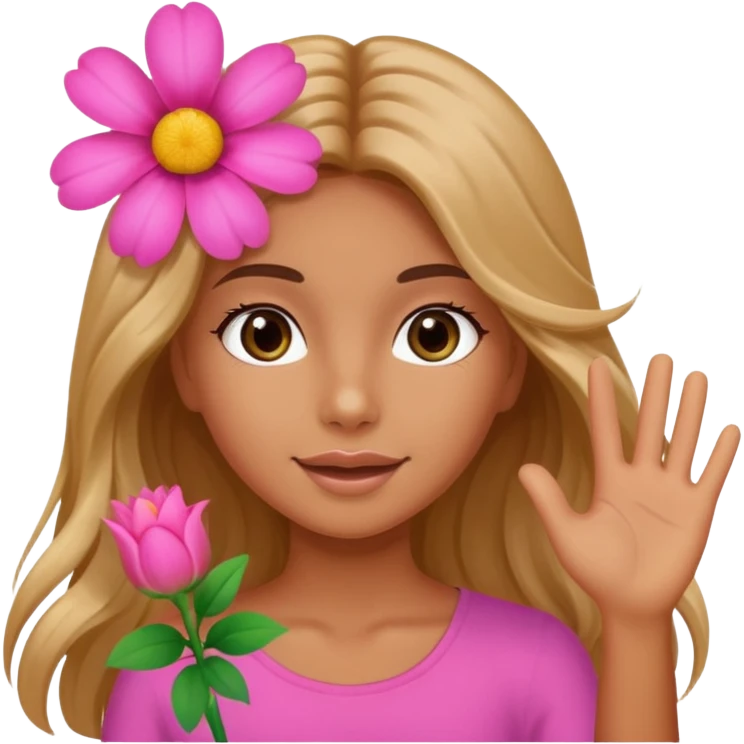 A tanned girl's face waved long hair with pink flower emoji