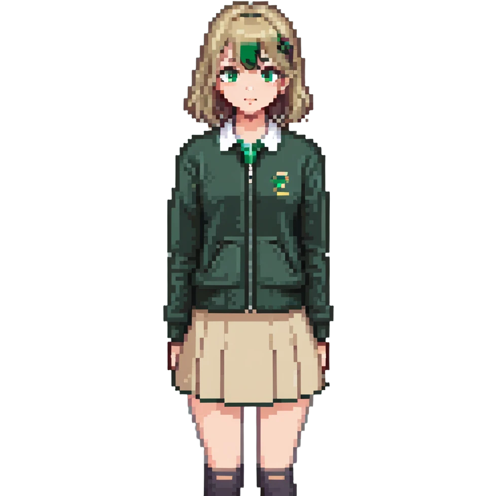 girl in a school uniform wearing a green polo, beige skirt, grey zipper jacket emoji