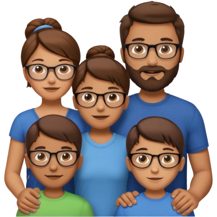 white European family standing together, man 1m80 with brown hair and beard, woman 1m60 with brown hair in bun and glasses, 10-year-old boy with short brown hair, 8-year-old girl with long brown hair, 6-year-old boy with short red hair, friendly emoji style emoji