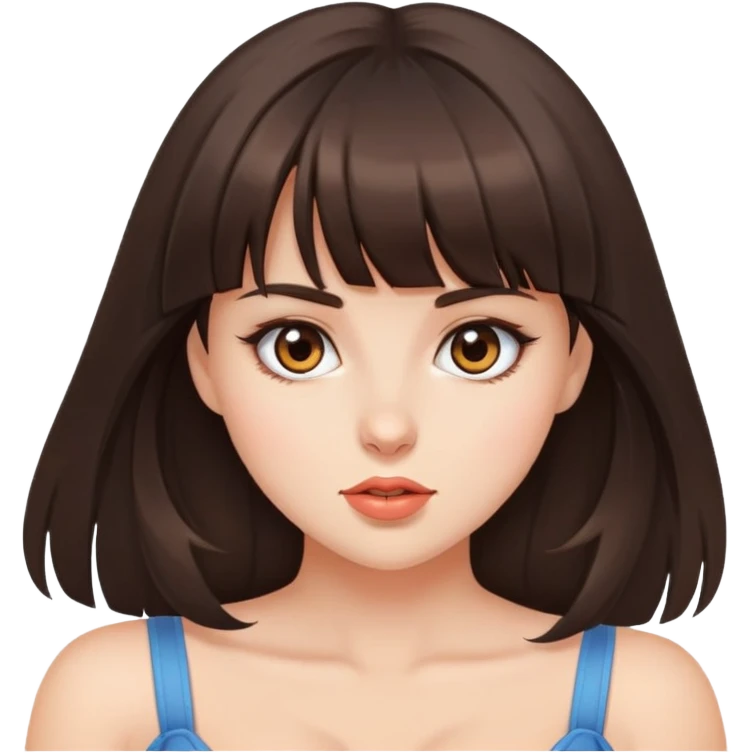 Beautiful brunette girl with bangs and big boobs looking with passion emoji