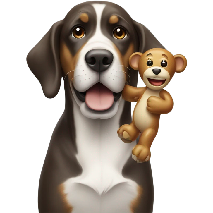 Large dog holding toy monkey  emoji
