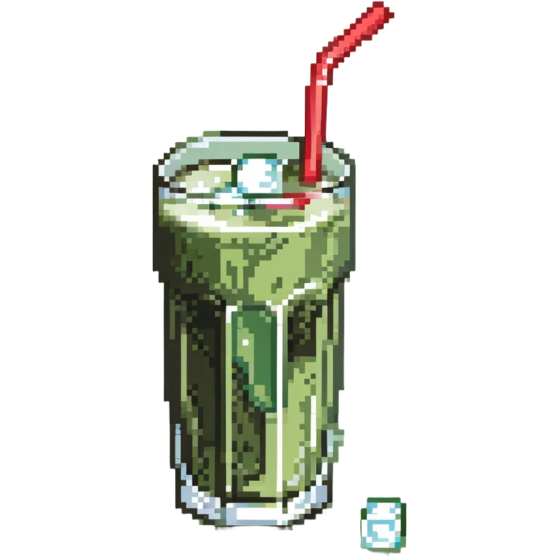 Glass of sugarcane juice with ice cubes, pale green liquid, and a straw emoji
