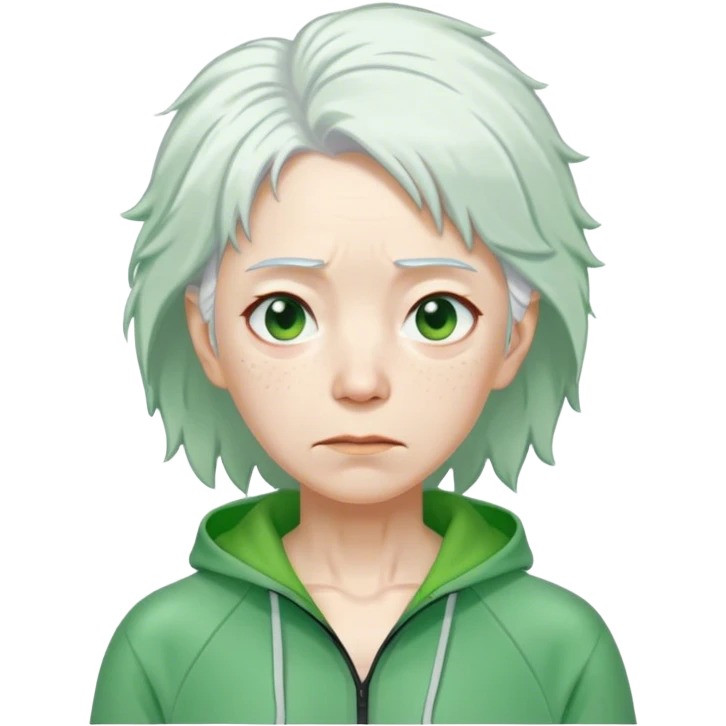 Hong is an old woman, around 50 years old,  Her white hair tie. green tracksuit. She is unkempt and damp with sweat. emoji