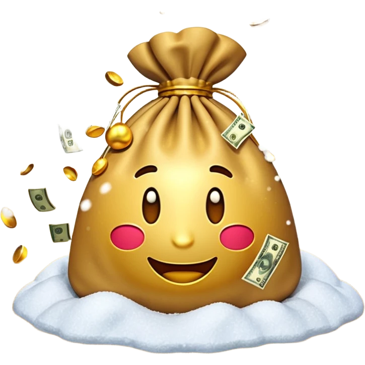 3D emoji style, money bag with dollar bills, New Year theme, snow particles, festive lighting, rich vibe, high detail, transparent background

 emoji