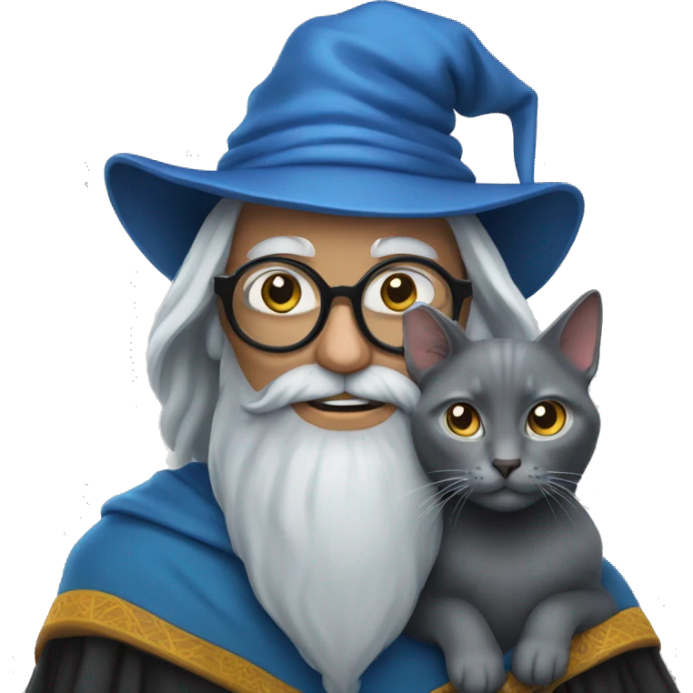 A wizard wearing glasses holding a Russian Blue cat. emoji