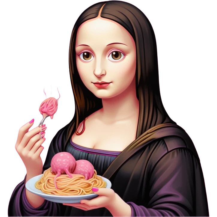 pop art goth neon Monalisa holding Melted pink gooey spam meat ball spaghetti  emoji