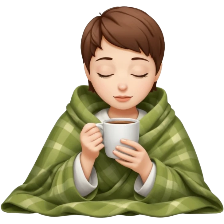 brown-haired pixie cut white girl inside a blanket sipping coffee eyes closed emoji