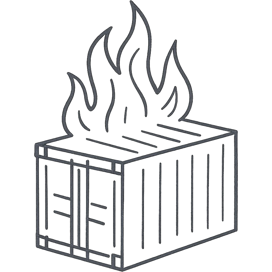 hand drawn outlined icon of a shipping container on fire emoji