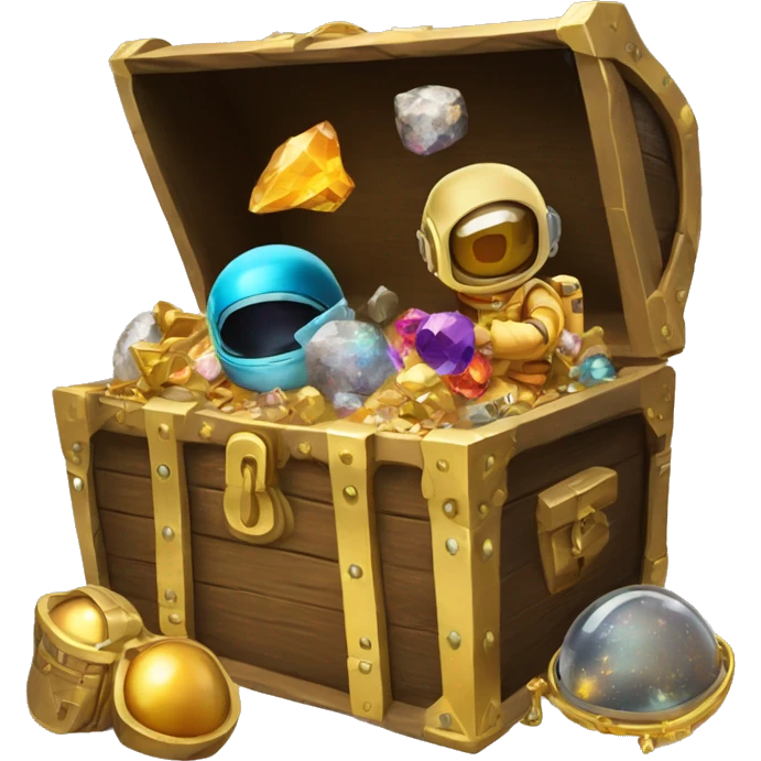 Open Treasure chest with astronaut helmets, gold,gems and some space themed items inside emoji